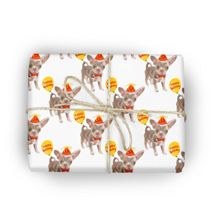 Chihuahua Birthday Wrapping Paper – Cute Chihuahua with Balloon & Party hat