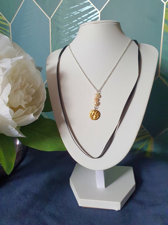 Fresh water pearl and gold pendant with black satin ribbon layered necklace