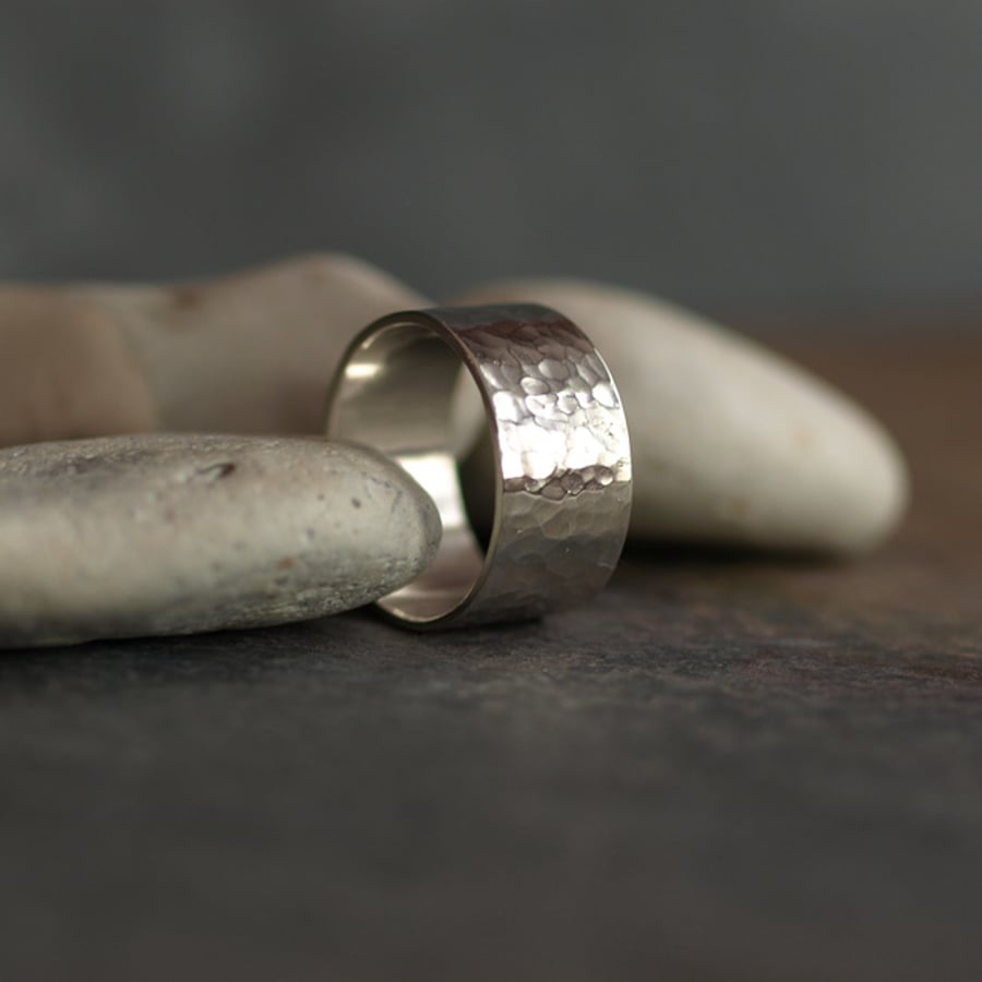 Hammered Recycled Sterling Silver Ring, Men's Wide Band Rings, Unisex
