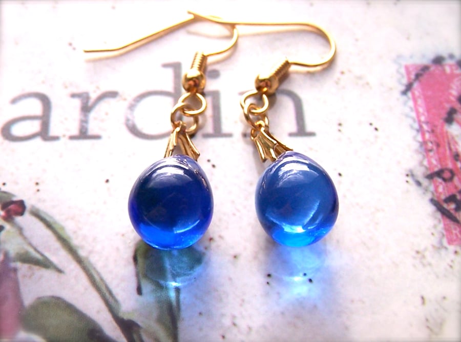 Blue bead earrings, royal blue teardrop earrings, glass dangle earrings