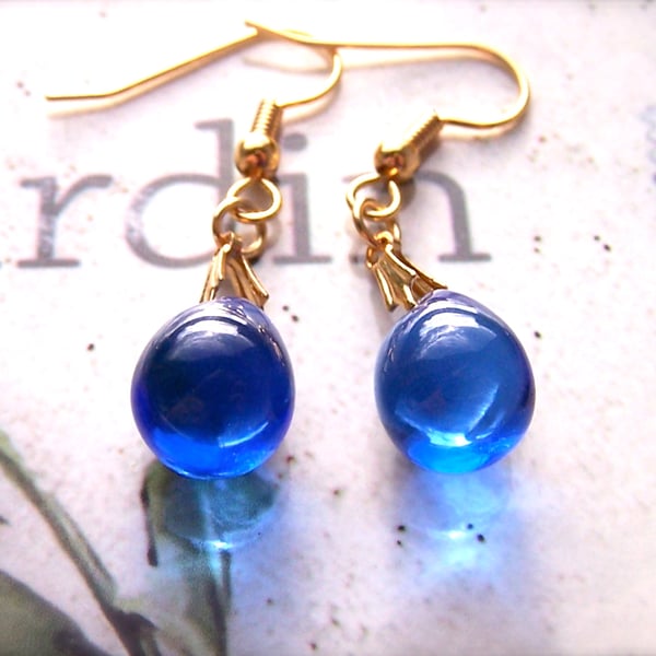 Blue bead earrings, royal blue teardrop earrings, glass dangle earrings
