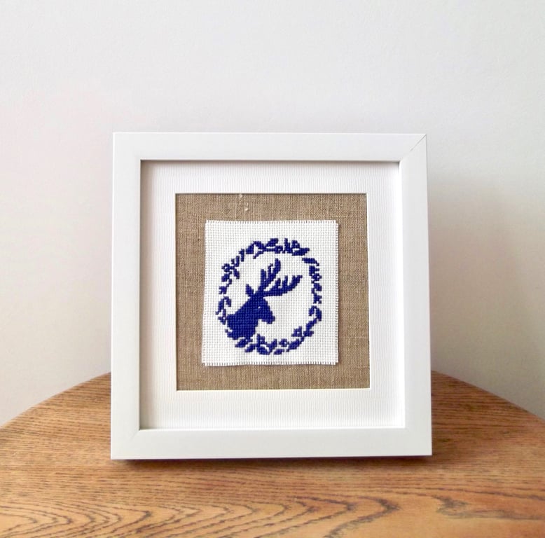 Framed Embroidery Dark Blue Stag Head with Wreath 