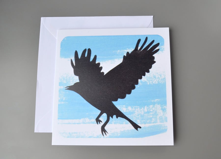 SALE - Silhouette of bird in flight card with painted blue background