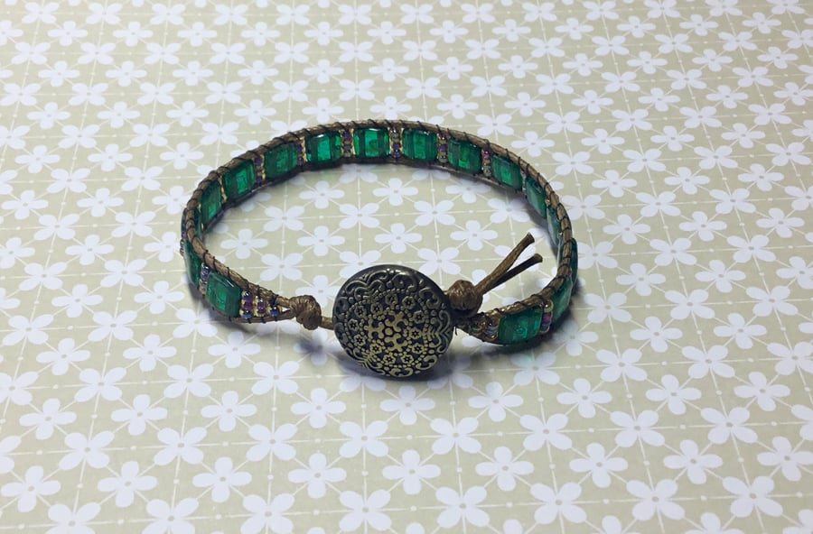 Green Tile and Seed Bead Single Wrap Bracelet