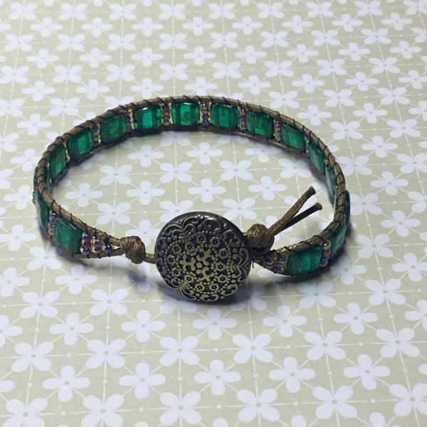 Green Tile and Seed Bead Single Wrap Bracelet