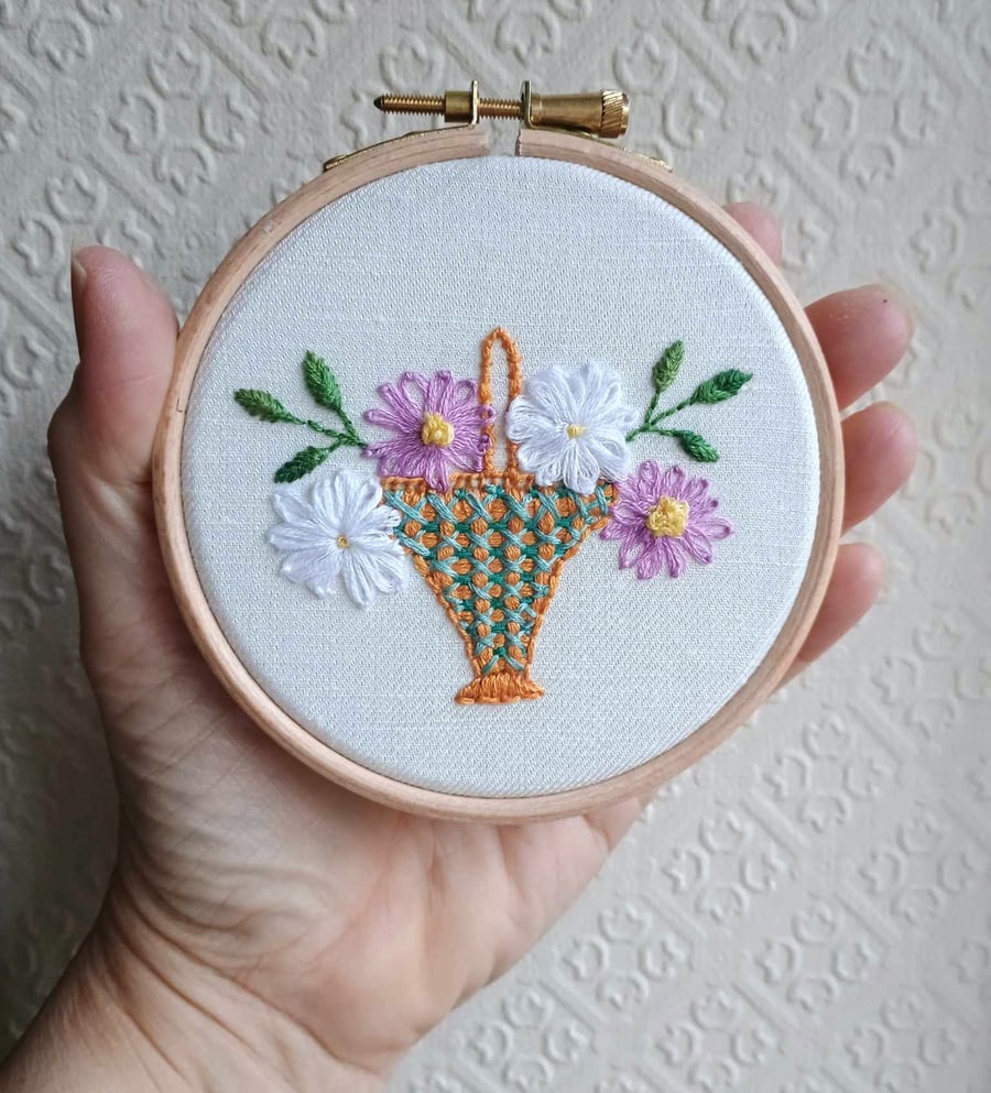 Floral posy basket - vintage style hand embroidered picture