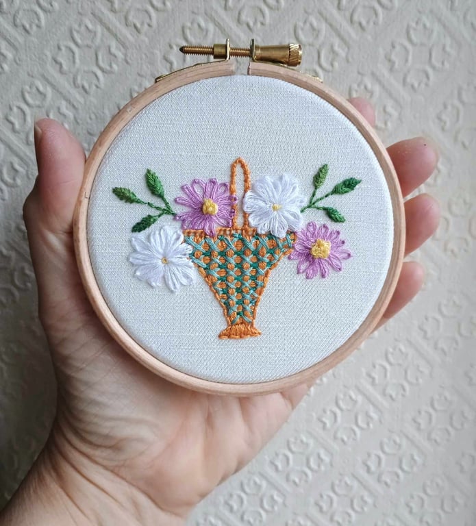 Floral posy basket - vintage style hand embroidered picture