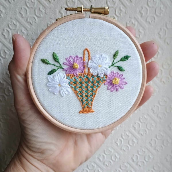 Floral posy basket - vintage style hand embroidered picture