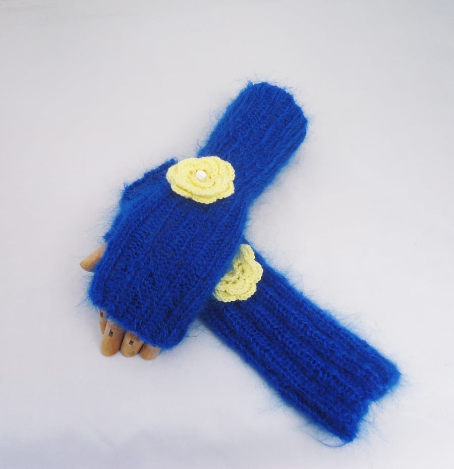 Mohair Mittens, Royal Blue Mohair Gloves, Fingerless Mittens with Crochet Flower