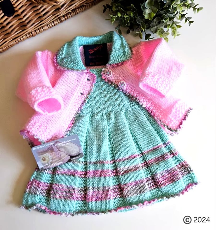 Baby Girl's Hand Knitted Cardigan, Dress & Booties with Merino wool 0-6 mths