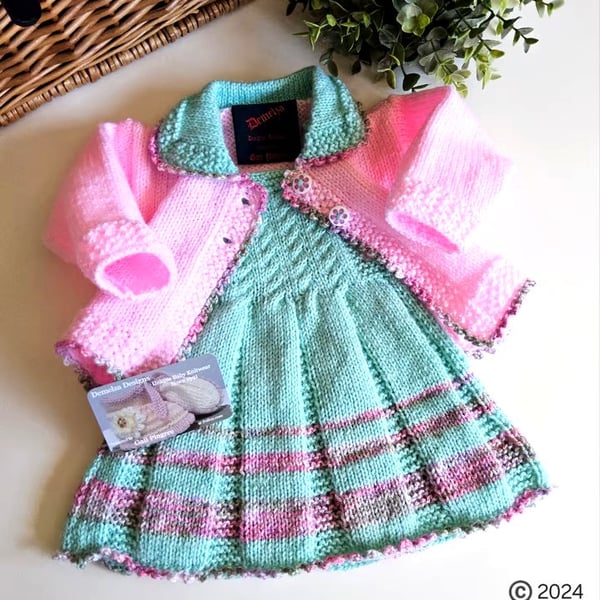 Baby Girl's Hand Knitted Cardigan, Dress & Booties with Merino wool 0-6 mths