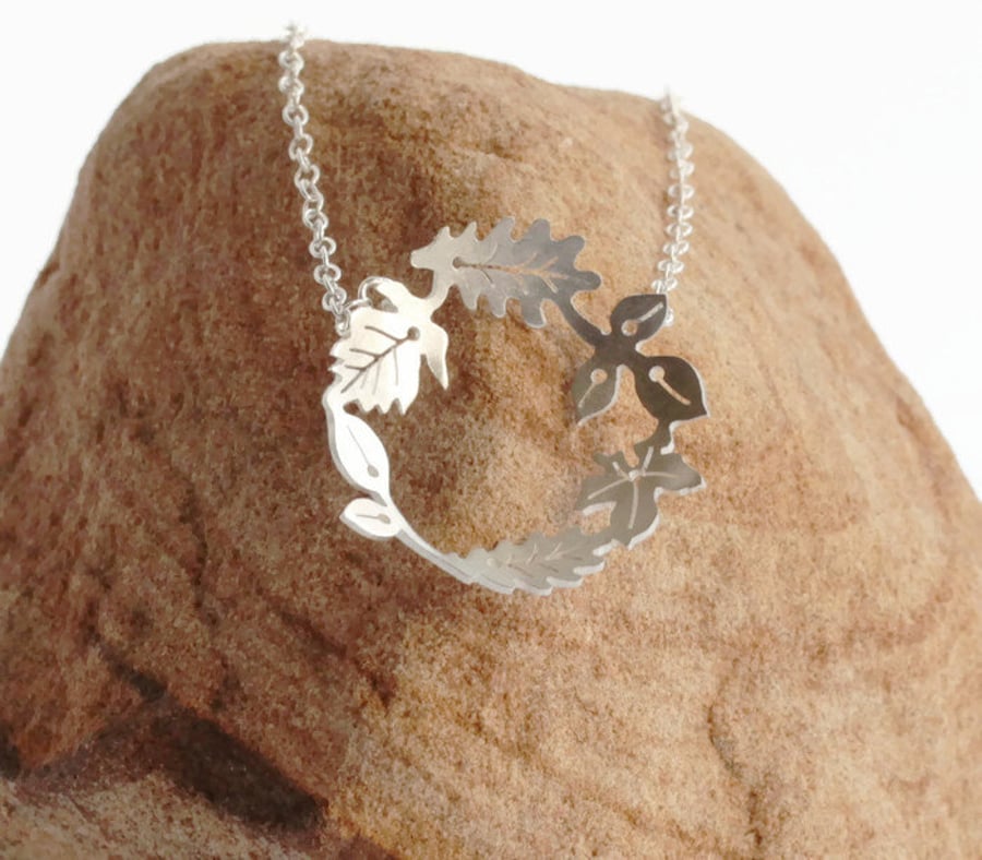 Silver Leaf Necklace - Dancing leaves Hoop Necklace - Handmade Silver Necklace