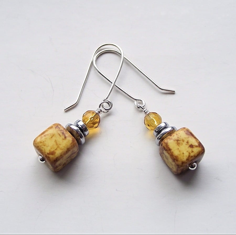 Earrings yellow vintage faux agate cube silver haematite jade sterling gemstone