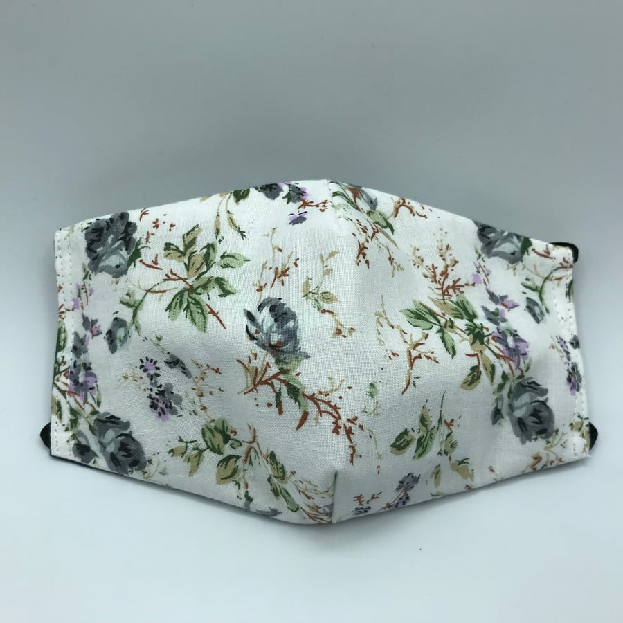 Grey roses and navy Triple Layer Face Mask. Double Sided. 100% Cotton Fabric.
