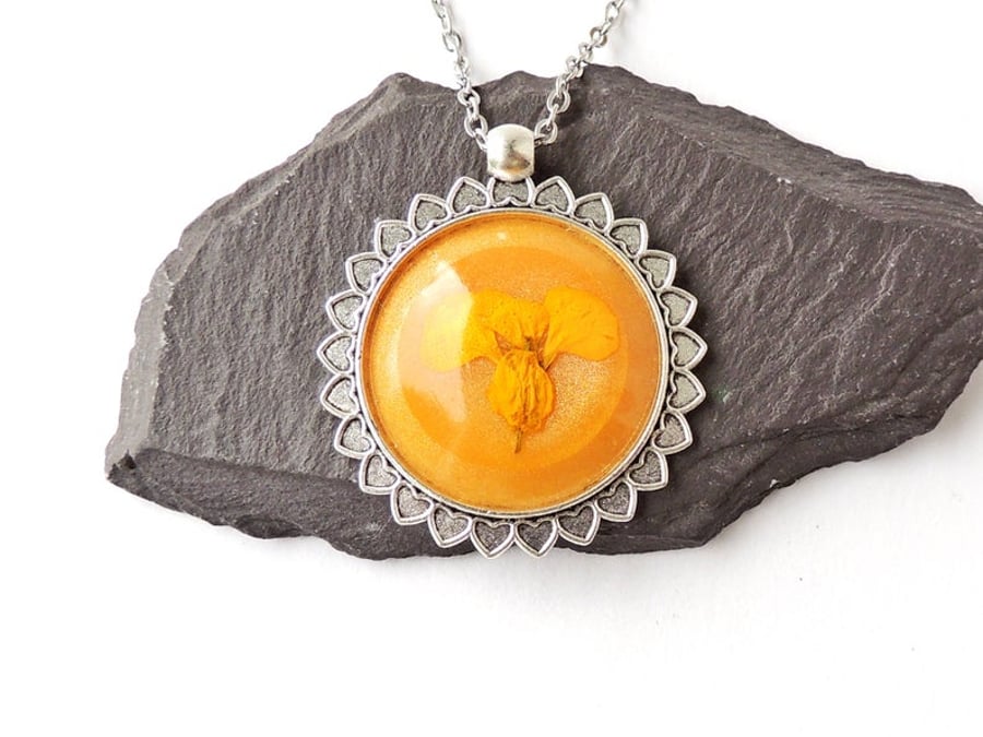 Orange Flower Necklace, 18" Chain   F021