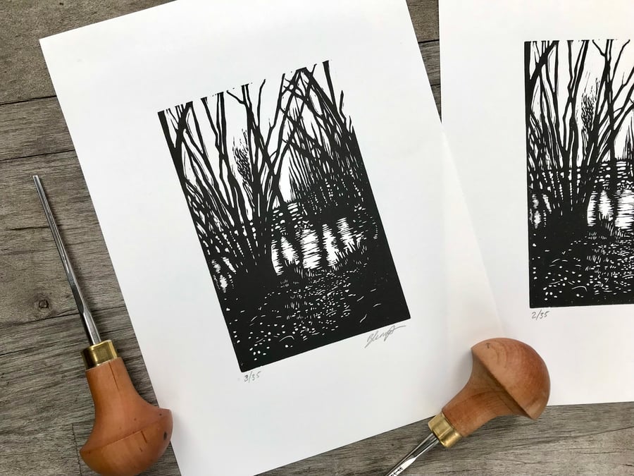 Woodland Pool: by Suffolk printmaker Beth Knight, original hand printed lino cut