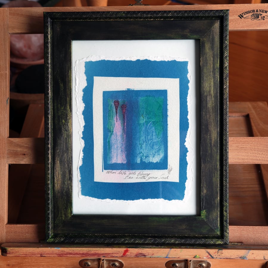 When Life Gets Blurry, Original Cyanotype print in upcycled frame.