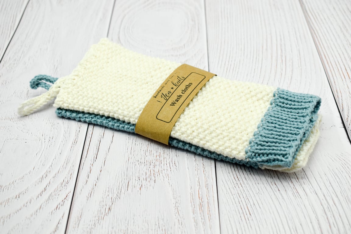 Hand knitted cotton wash cloths - 2 pack - L - white and blue