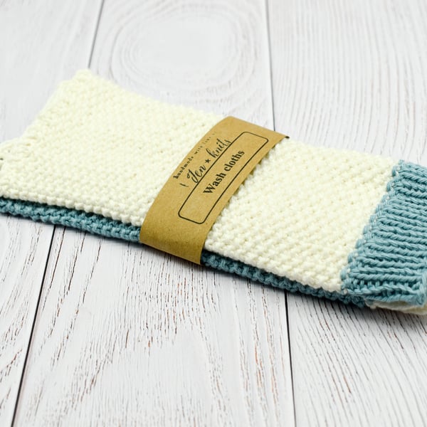 Hand knitted cotton wash cloths - 2 pack - L - white and blue