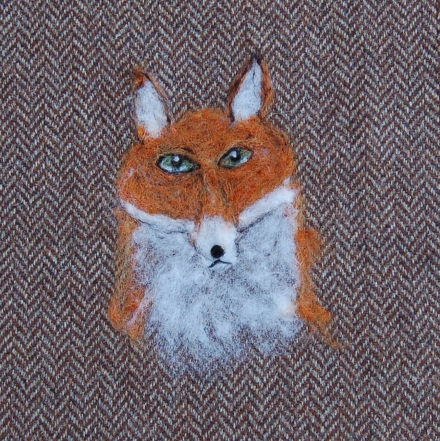 Fox picture, wool art picture , wool tweed fabric, needle felted fox portrait