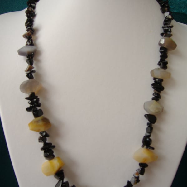 Yellow Agate, Yellow Jade & Onyx Nugget Necklace  - Handmade - Genuine Gemstone