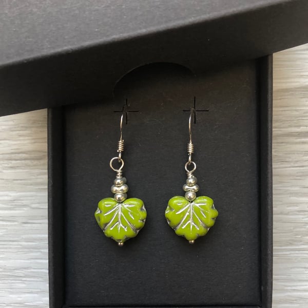 Green Czech leaf earrings. Sterling silver