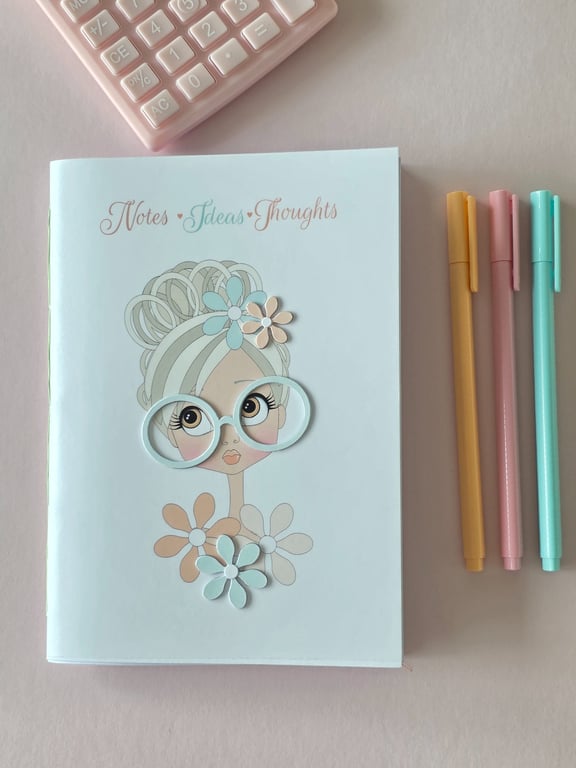 Handmade A5 Sewn Notebook-Mint Glasses Lady-3D Cover