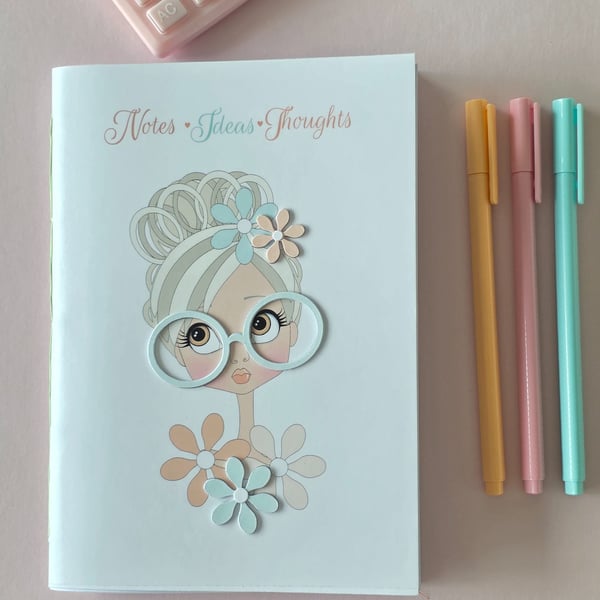 Handmade A5 Sewn Notebook-Mint Glasses Lady-3D Cover