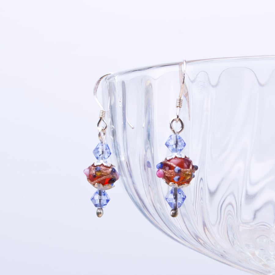 Red lampwork glass and blue bead sterling silver earrings