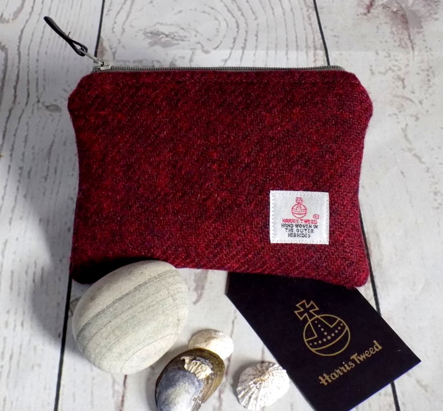 Harris Tweed large coin purse in deep burgundy red