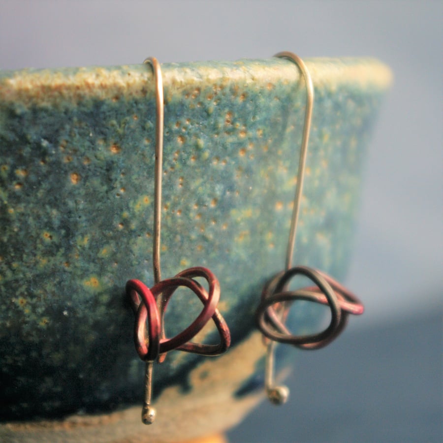   Long Silver  Dangle Earrings with Copper Squiggle