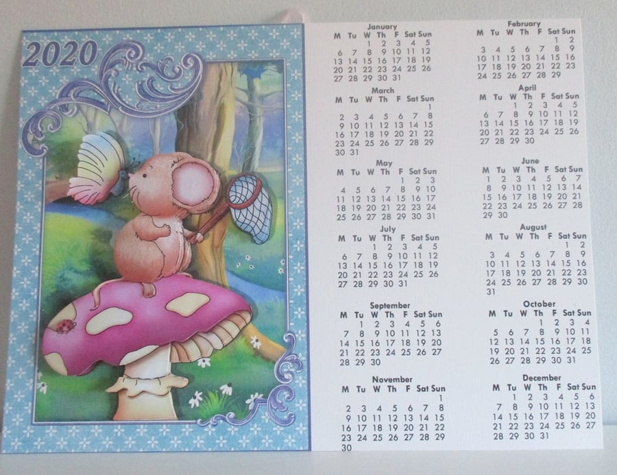 Handmade  2020 Wall Calendar, Cute Mouse on Mushroom,Decoupage,3D