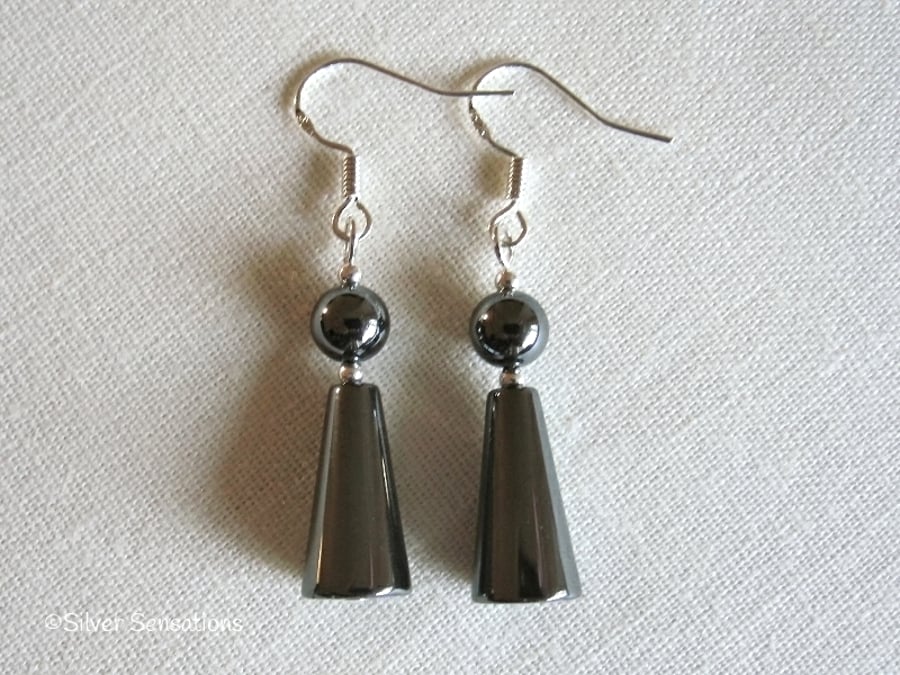 Hematite Cones & Round Beads Sterling Silver Drop Earrings