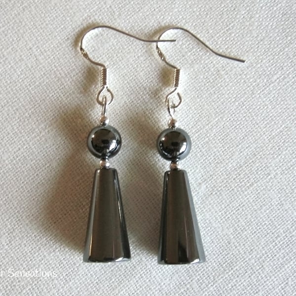 Hematite Cones & Round Beads Sterling Silver Drop Earrings
