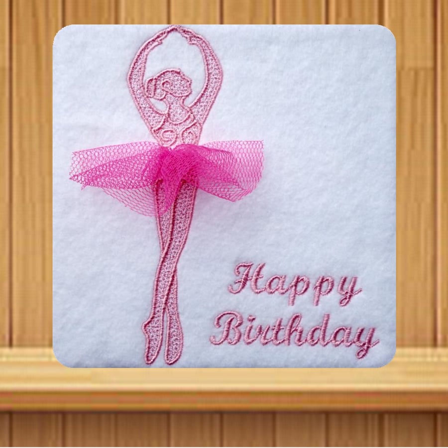 Pink Ballerina with Net Tutu Embroidered Card