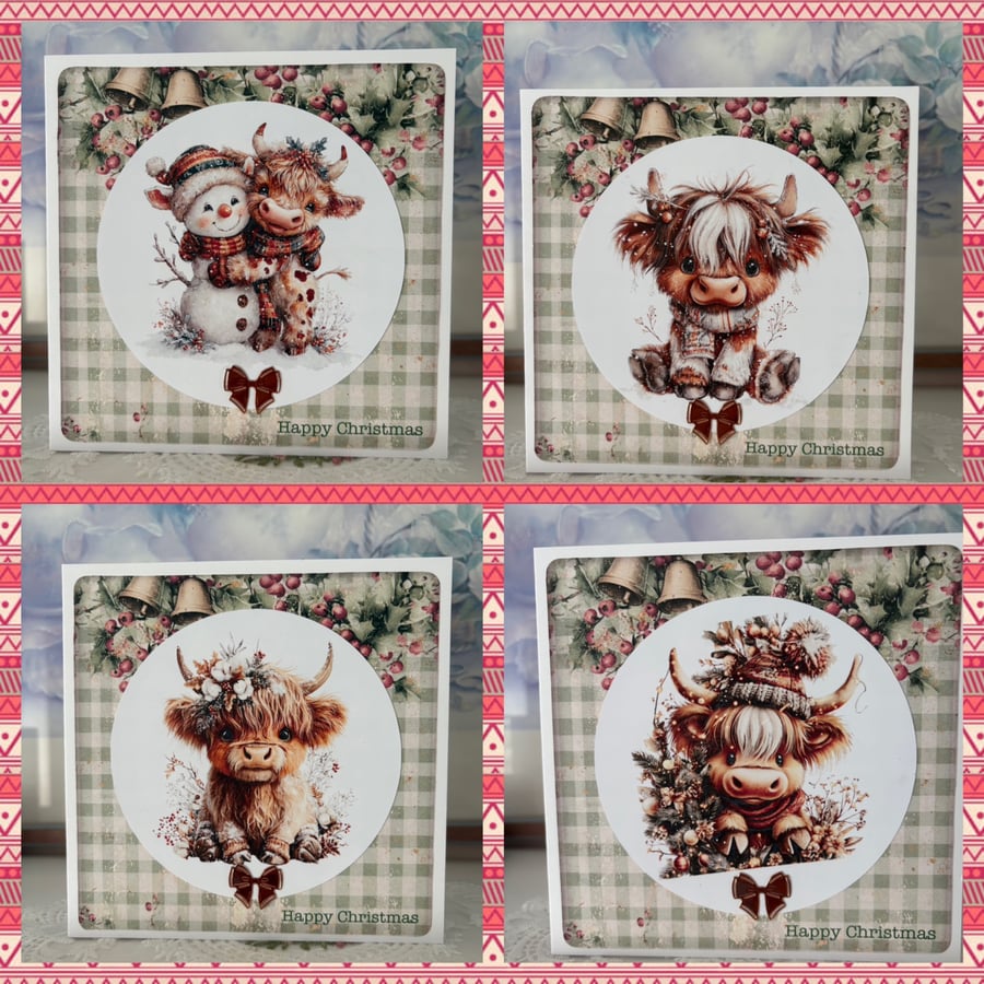 Holidays - Set of 4 Highland Cow Christmas Cards - C290