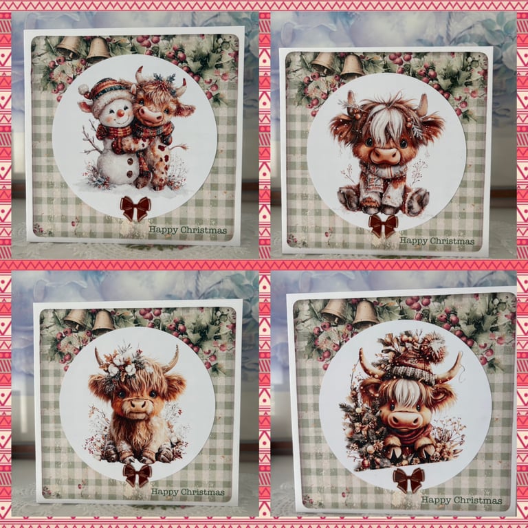 Holidays - Set of 4 Highland Cow Christmas Cards - C290