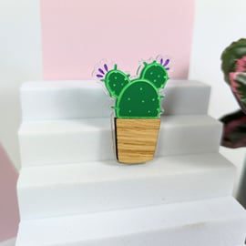 Plant brooch on acrylic and oak wood, Aloe, Monstera, Pilea, cactus, alocasia