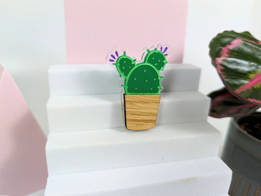 Plant brooch on acrylic and oak wood, Aloe, Monstera, Pilea, cactus, alocasia