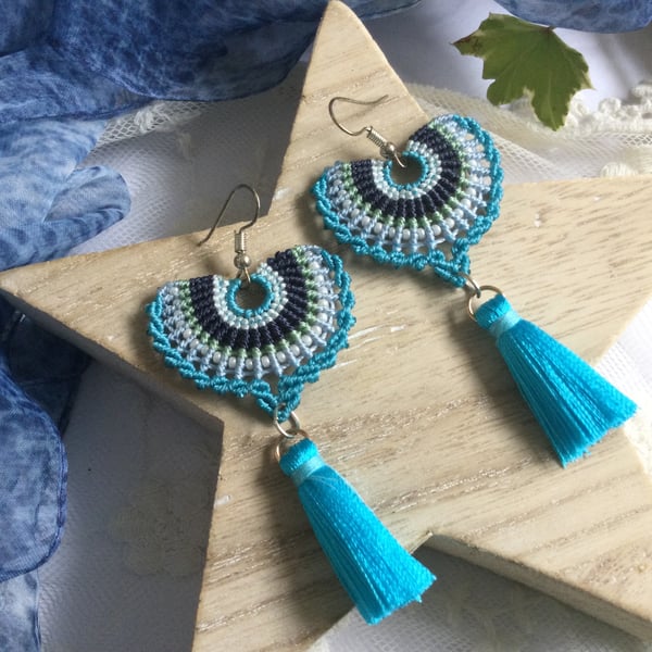 Spanish Tassel macrame beaded fan earrings, boho earrings, seed bead earrings