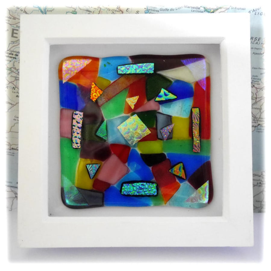 Patchwork Abstract Fused Glass Picture Box Framed