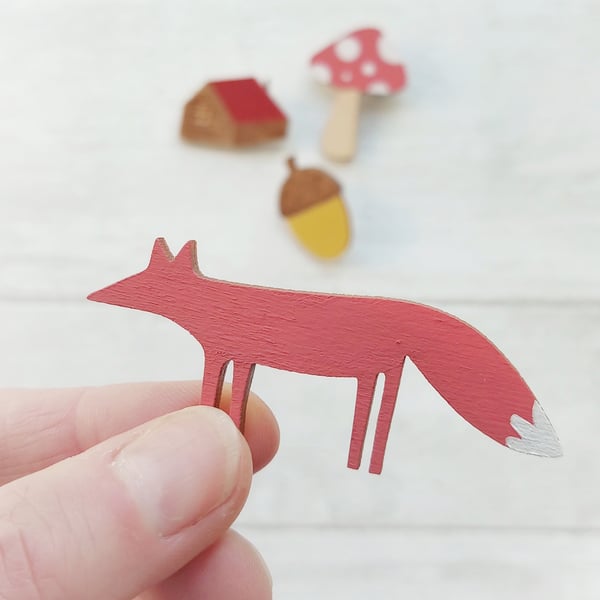 Fox Brooch, Fox Pin, Wooden Fox Pin, Folklore Brooch