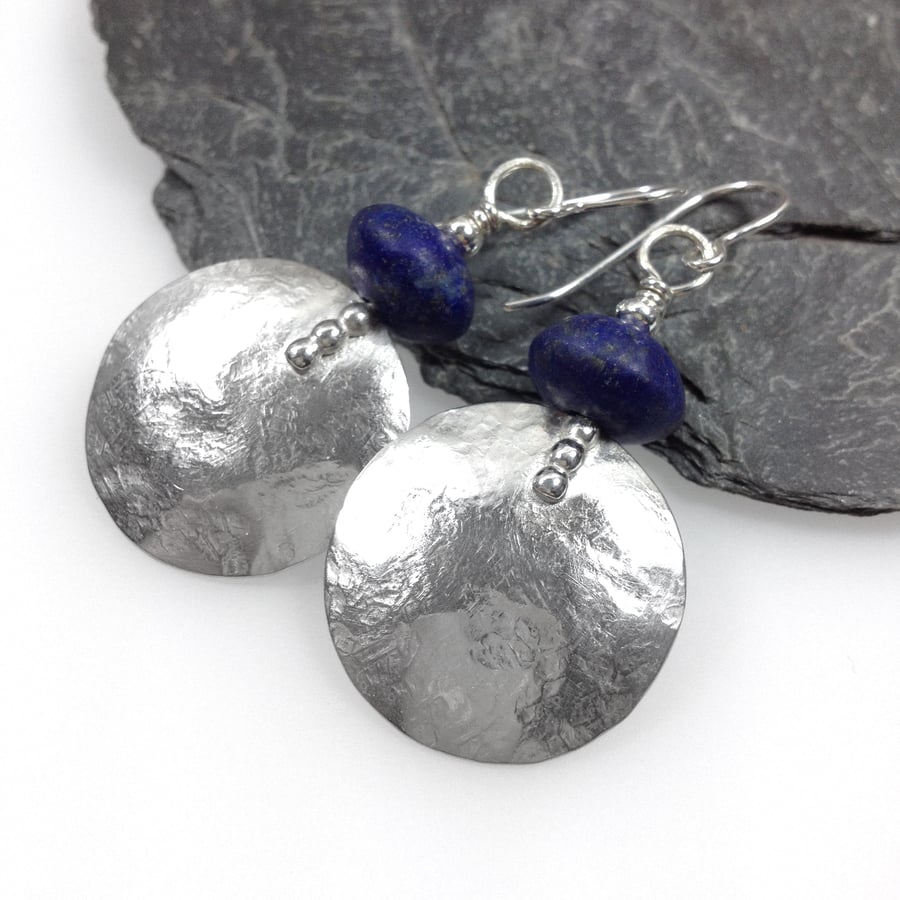 Large round silver and lapis lazuli earrings 