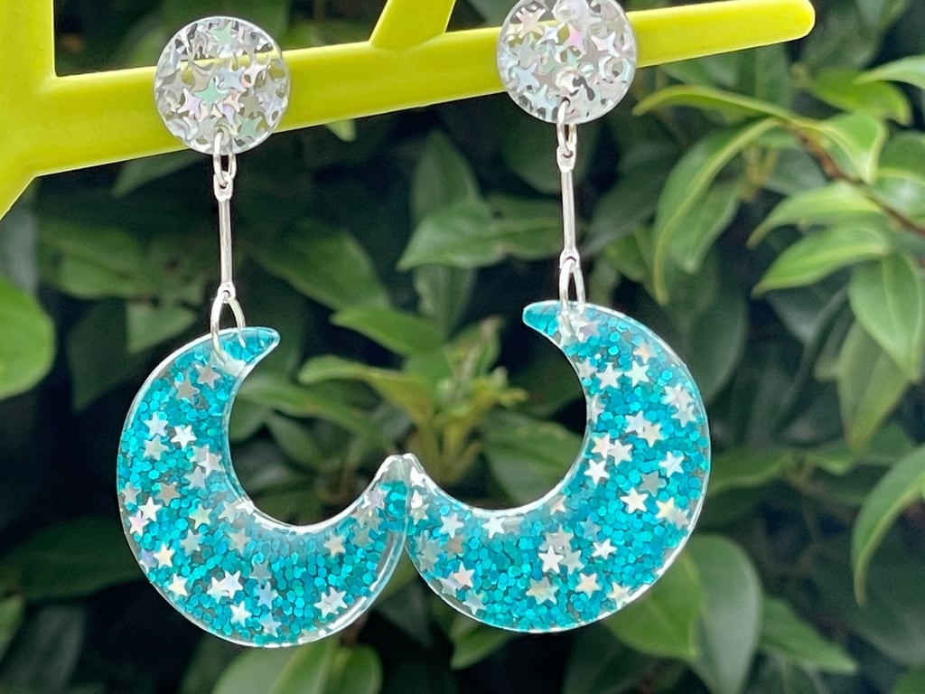 BLUE MOON EARRINGS Resin cute stars and celestial glitter mystical holograph 