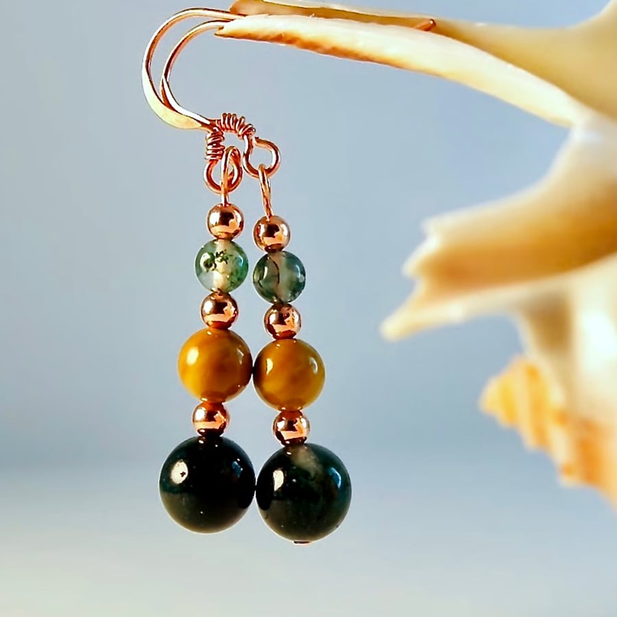 Moss Agate And Copper Earrings - Handmade In Devon