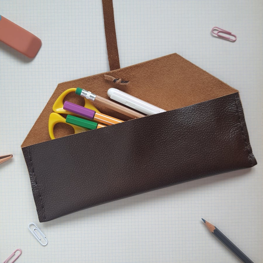 Dark brown leather pencil case, upcycled leather stationery case, desk tidy