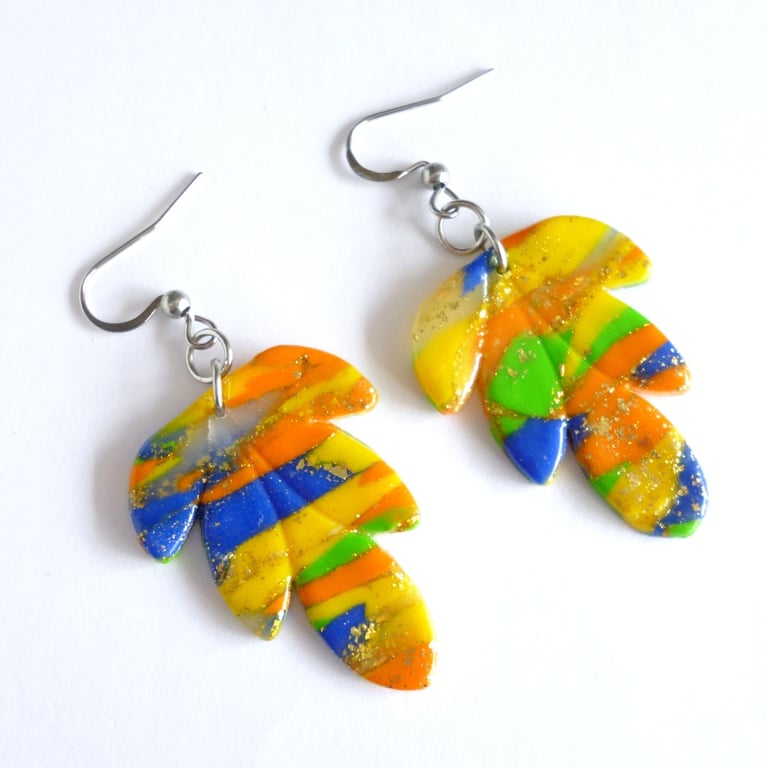 Tropical Leaf Polymer Clay Earrings with Gold Leaf, Stainless Steel Dangles