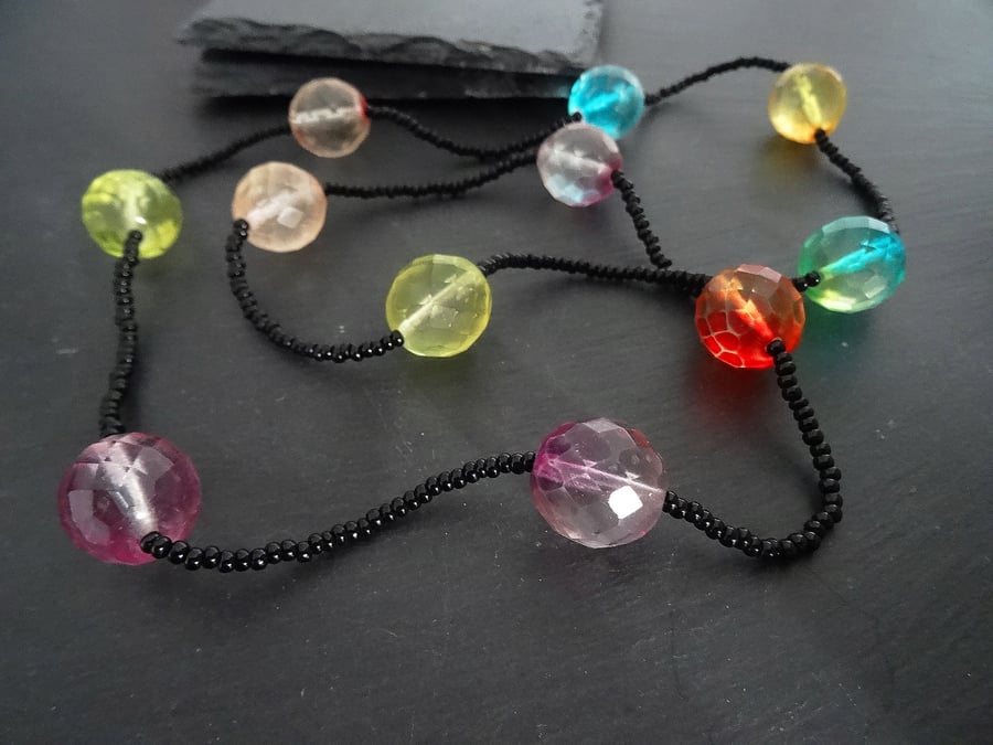 Long multi colouredfaceted quartz necklace