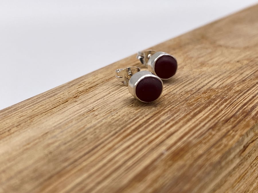 Dark Red Sea Glass Stud Earrings