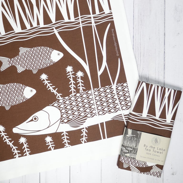 Tea Towel Hickory Brown Screen Printed Lake Goose Fish Design Wall Art Hanger